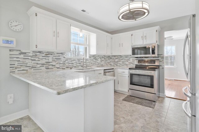 kitchen with appliances with stainless steel finishes, sink, white cabinets, decorative backsplash, and kitchen peninsula