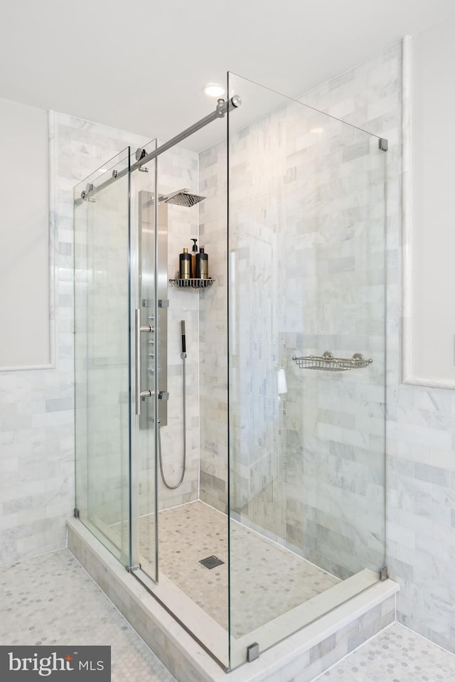 bathroom featuring a shower with shower door