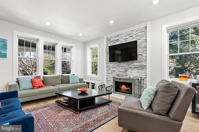 living room with light hardwood / wood-style flooring and a large fireplace