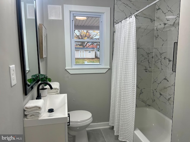 full bathroom featuring tile patterned floors, shower / bath combination with curtain, toilet, and vanity