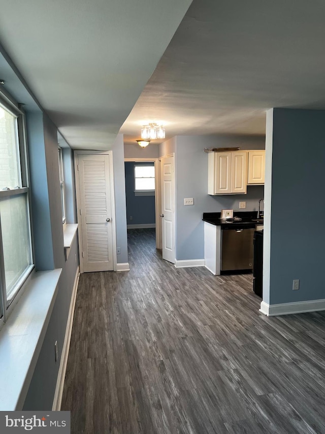 kitchen featuring stainless steel dishwasher, a notable chandelier, a healthy amount of sunlight, and dark hardwood / wood-style flooring