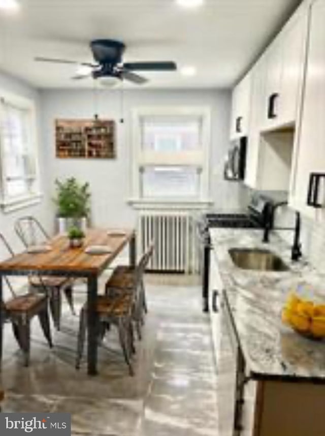 kitchen with white cabinetry, radiator heating unit, sink, stainless steel appliances, and light stone counters