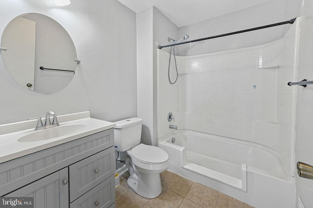 full bathroom featuring tile patterned flooring, vanity, tiled shower / bath combo, and toilet