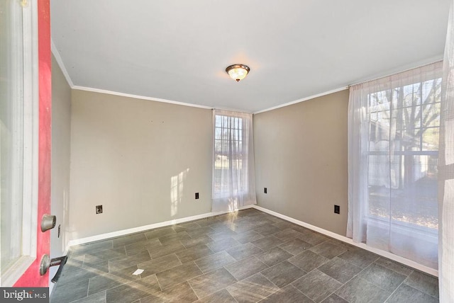 spare room featuring ornamental molding and a healthy amount of sunlight