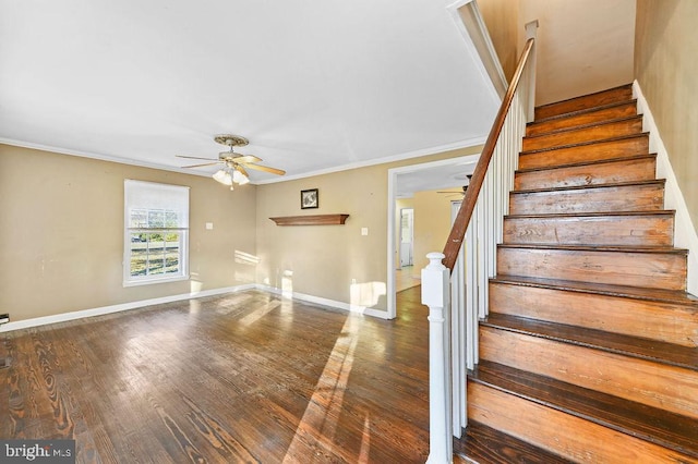 stairway with hardwood / wood-style floors, ceiling fan, and ornamental molding