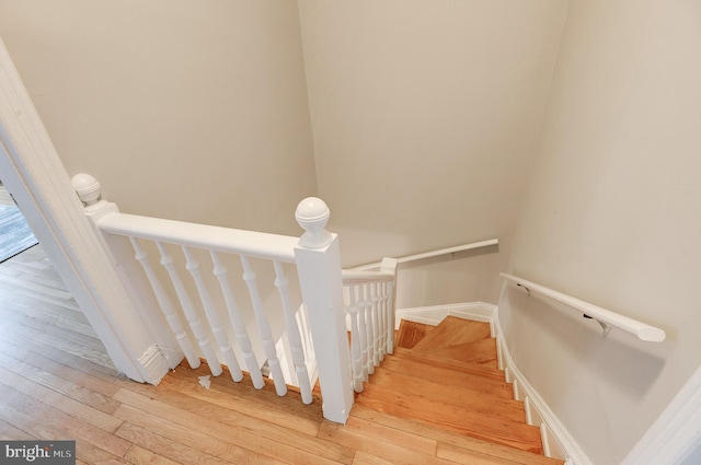 stairway with hardwood / wood-style floors