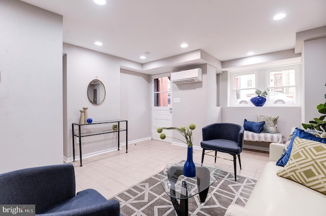 tiled living room featuring a wall mounted AC