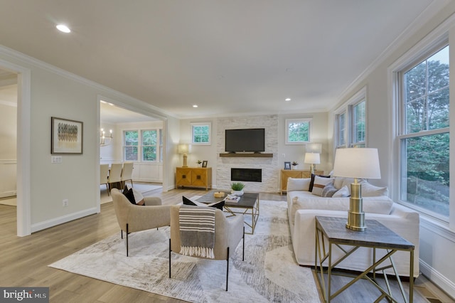 living room with a stone fireplace, crown molding, light hardwood / wood-style flooring, and a healthy amount of sunlight