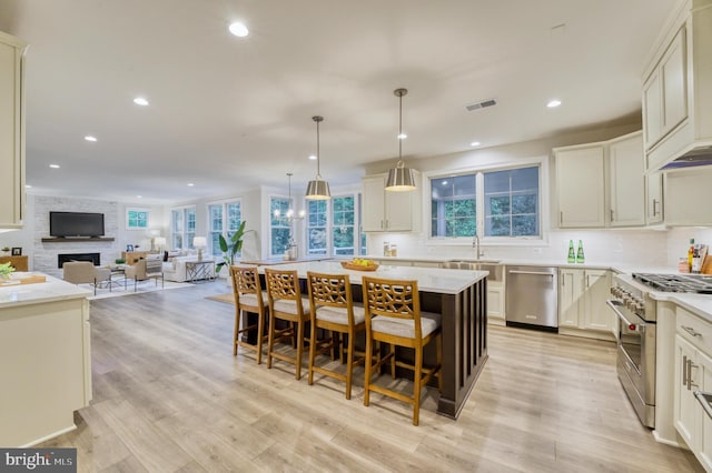 kitchen featuring a fireplace, plenty of natural light, a center island, and stainless steel appliances