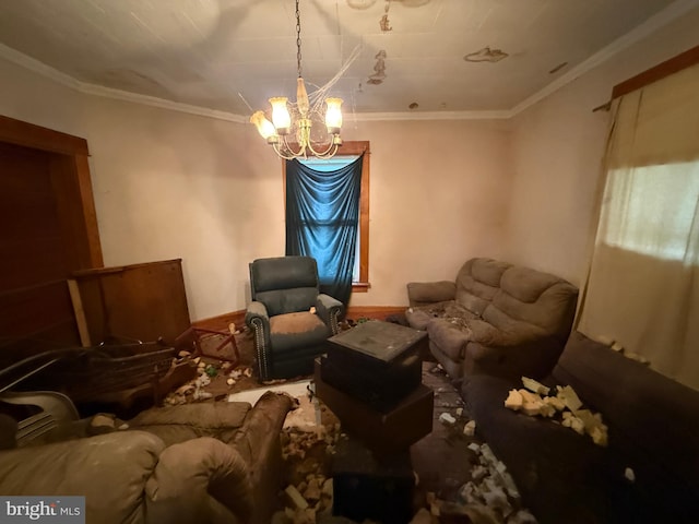 interior space with a chandelier and crown molding