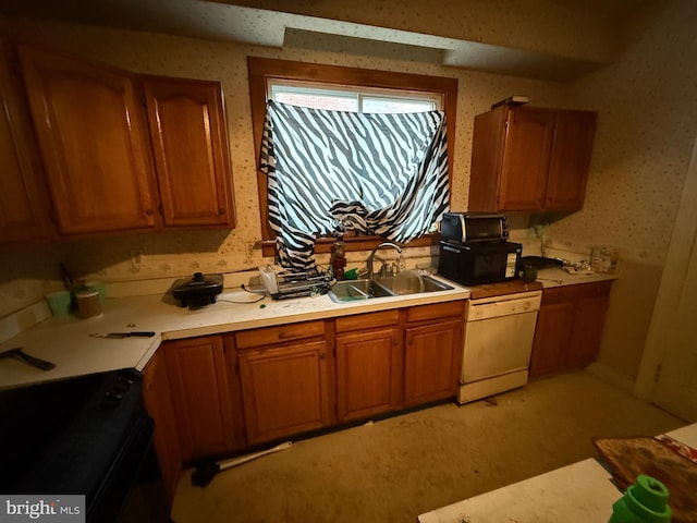 kitchen with dishwasher, light colored carpet, black / electric stove, and sink