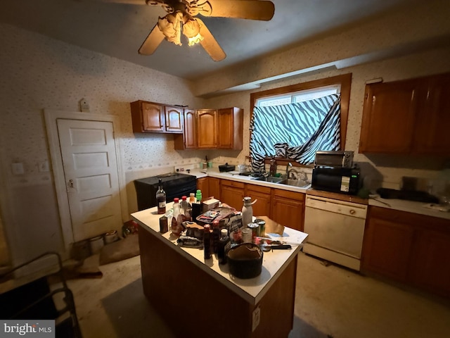 kitchen with white dishwasher, light colored carpet, ceiling fan, sink, and a center island