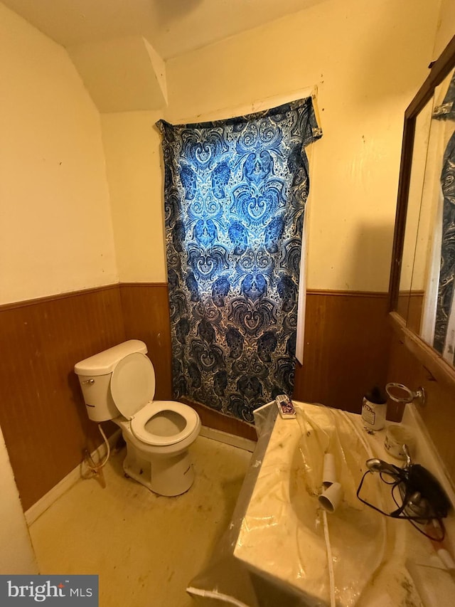 bathroom with toilet and wooden walls