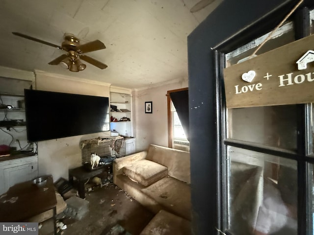 interior space featuring ceiling fan