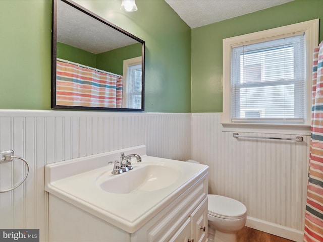 bathroom with hardwood / wood-style floors, vanity, a textured ceiling, and toilet