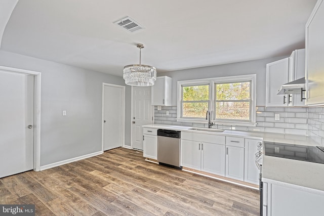 kitchen with sink, stainless steel dishwasher, hardwood / wood-style floors, decorative backsplash, and white cabinets