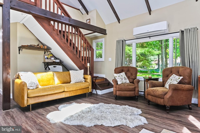 living room featuring a wall unit AC, beamed ceiling, high vaulted ceiling, and dark hardwood / wood-style floors