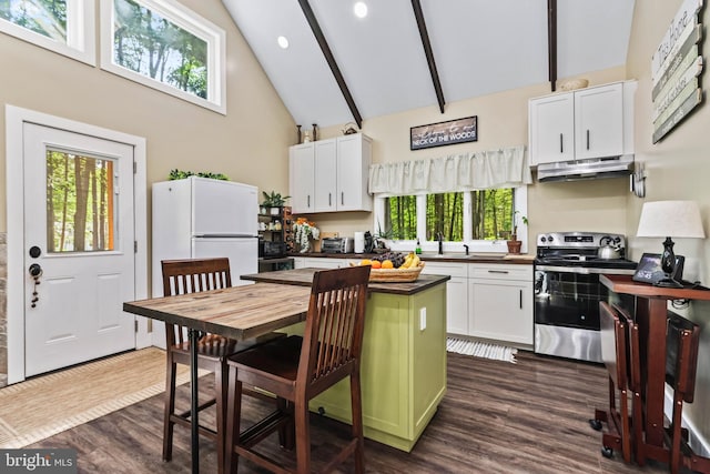 kitchen featuring stainless steel range with electric stovetop, white cabinetry, and a wealth of natural light