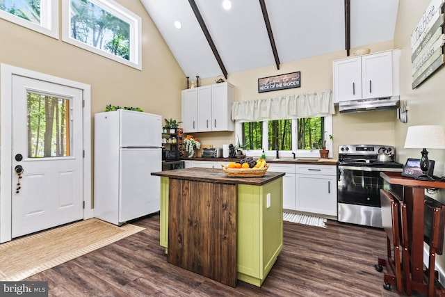 kitchen with white cabinetry, electric range, a healthy amount of sunlight, and white refrigerator