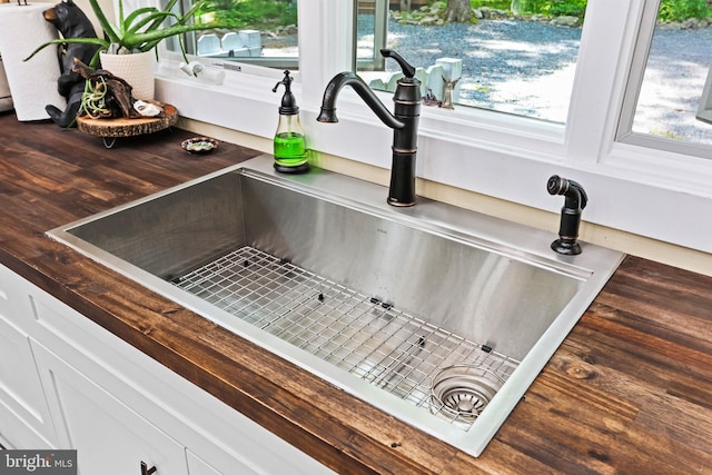 interior details with butcher block countertops, sink, and white cabinets