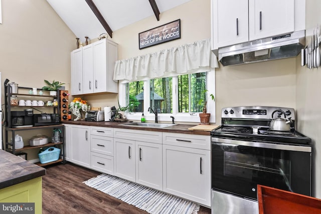 kitchen featuring white cabinetry, sink, lofted ceiling with beams, dark hardwood / wood-style floors, and stainless steel electric stove