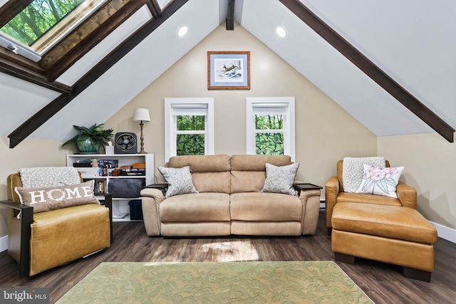 living room with vaulted ceiling with beams and dark wood-type flooring