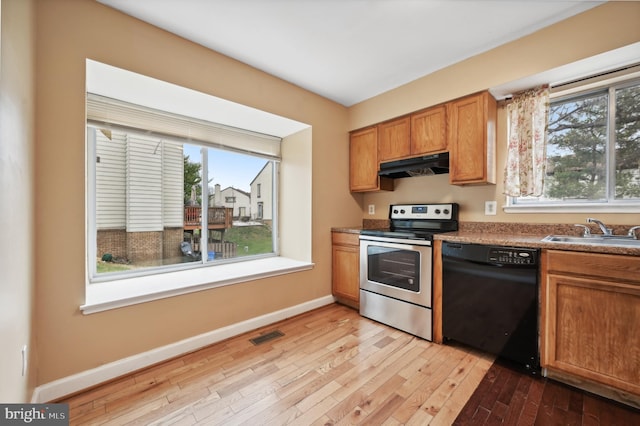 kitchen with stainless steel range with electric stovetop, dishwasher, sink, and light hardwood / wood-style flooring