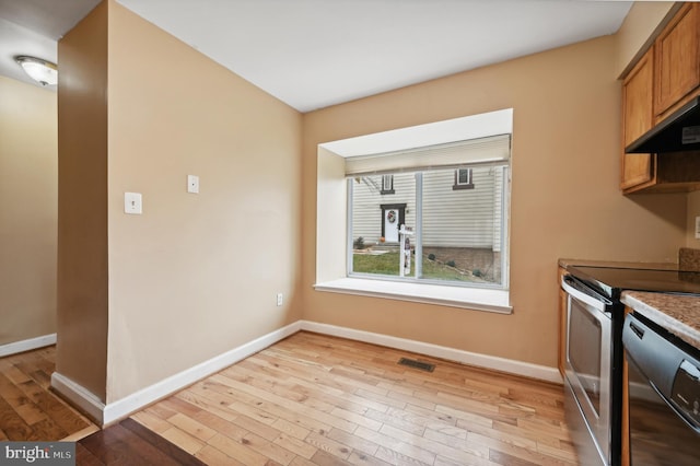 kitchen featuring ventilation hood, light hardwood / wood-style floors, and electric stove