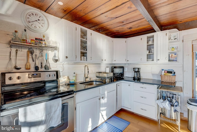 kitchen featuring white cabinets, electric range, wood ceiling, and sink