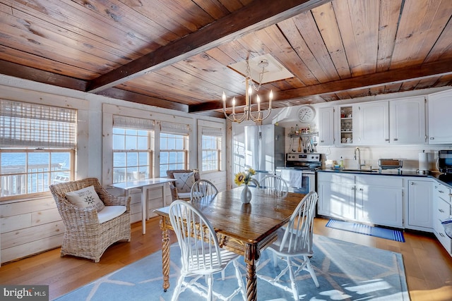 dining room with beam ceiling, sink, a notable chandelier, light hardwood / wood-style floors, and wood ceiling