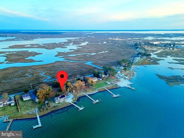 drone / aerial view featuring a water view