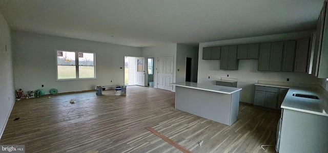 kitchen featuring sink, a center island, hardwood / wood-style floors, and gray cabinets