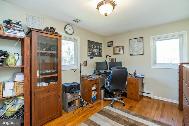 office area featuring wood-type flooring and a baseboard heating unit