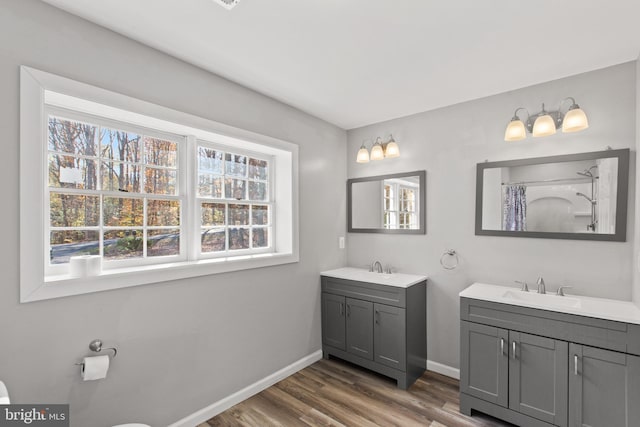 bathroom with vanity and hardwood / wood-style flooring