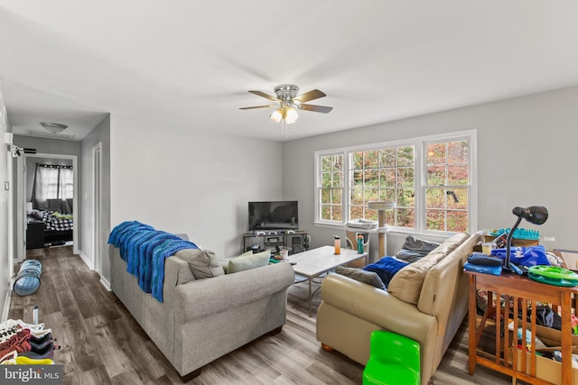 living room featuring ceiling fan and hardwood / wood-style flooring