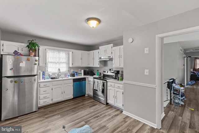 kitchen with white cabinetry, light hardwood / wood-style flooring, stainless steel appliances, and sink