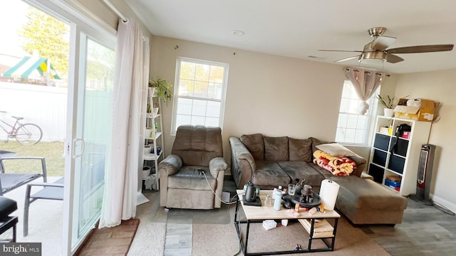 living room with ceiling fan