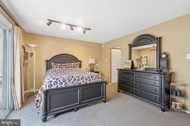 carpeted bedroom featuring rail lighting and multiple windows