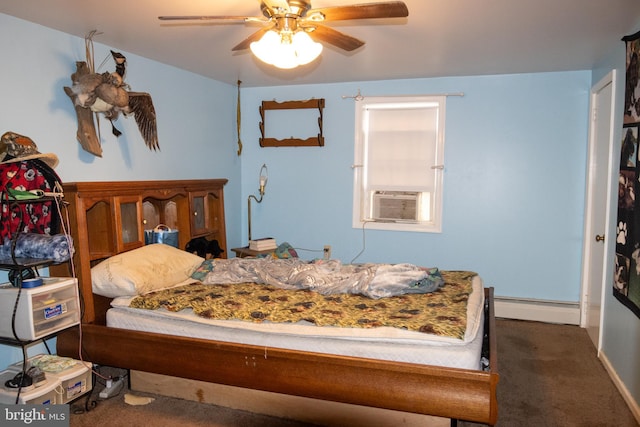 bedroom with cooling unit, dark carpet, ceiling fan, and a baseboard heating unit