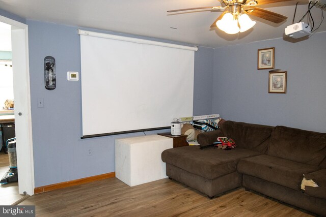 living room with ceiling fan and wood-type flooring