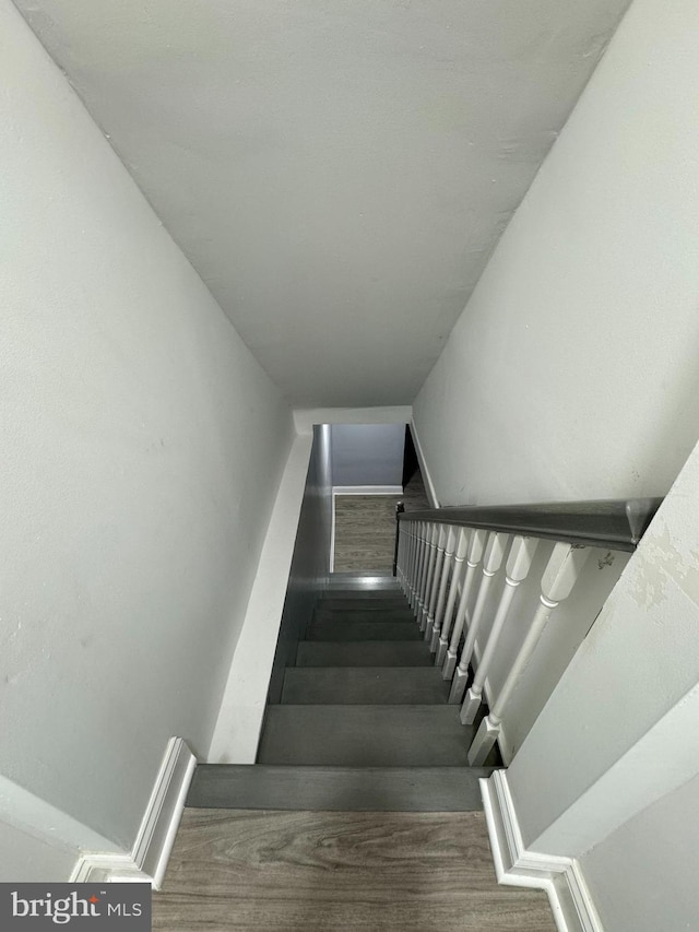 stairway with hardwood / wood-style floors