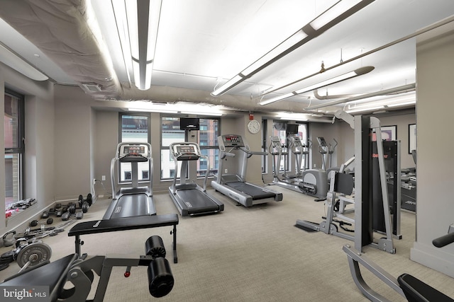 exercise room with carpet floors