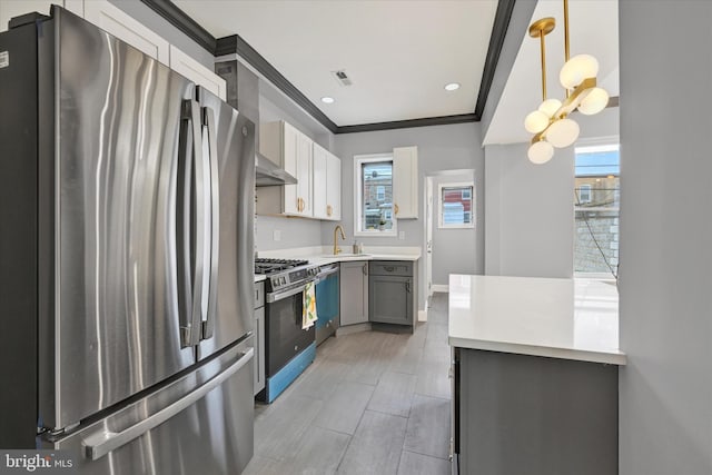 kitchen featuring pendant lighting, sink, white cabinetry, gray cabinetry, and stainless steel appliances