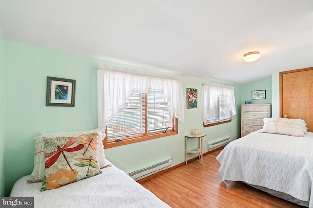 bedroom featuring hardwood / wood-style floors and a baseboard radiator