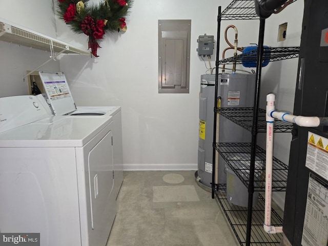 laundry area featuring independent washer and dryer, electric water heater, and electric panel