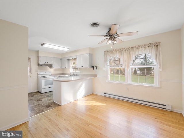 kitchen with white cabinetry, sink, a baseboard heating unit, kitchen peninsula, and electric stove