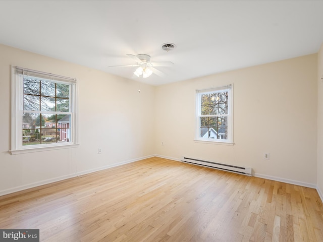 empty room with baseboard heating, ceiling fan, and light hardwood / wood-style floors