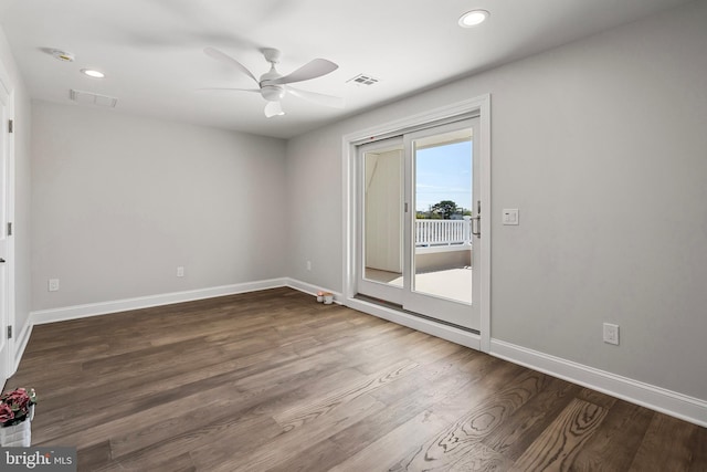 unfurnished room with hardwood / wood-style flooring and ceiling fan