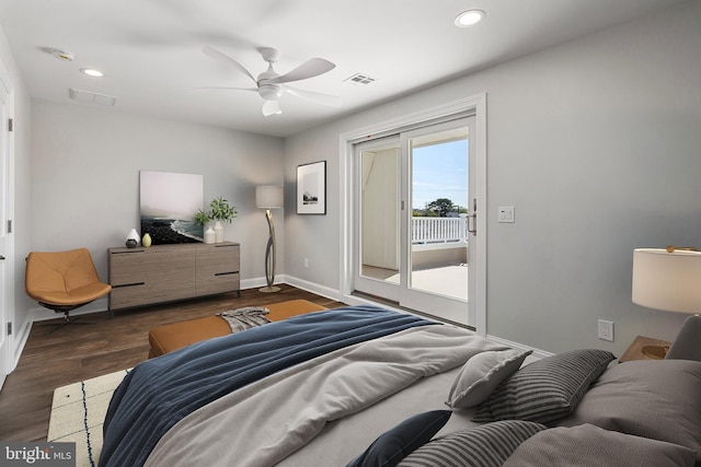 bedroom with dark hardwood / wood-style flooring, ceiling fan, and access to exterior