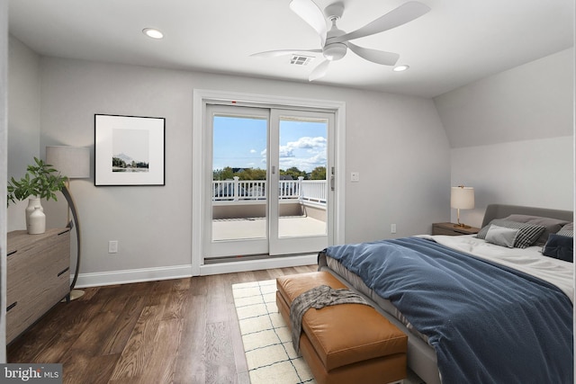 bedroom featuring access to exterior, dark hardwood / wood-style flooring, vaulted ceiling, and ceiling fan